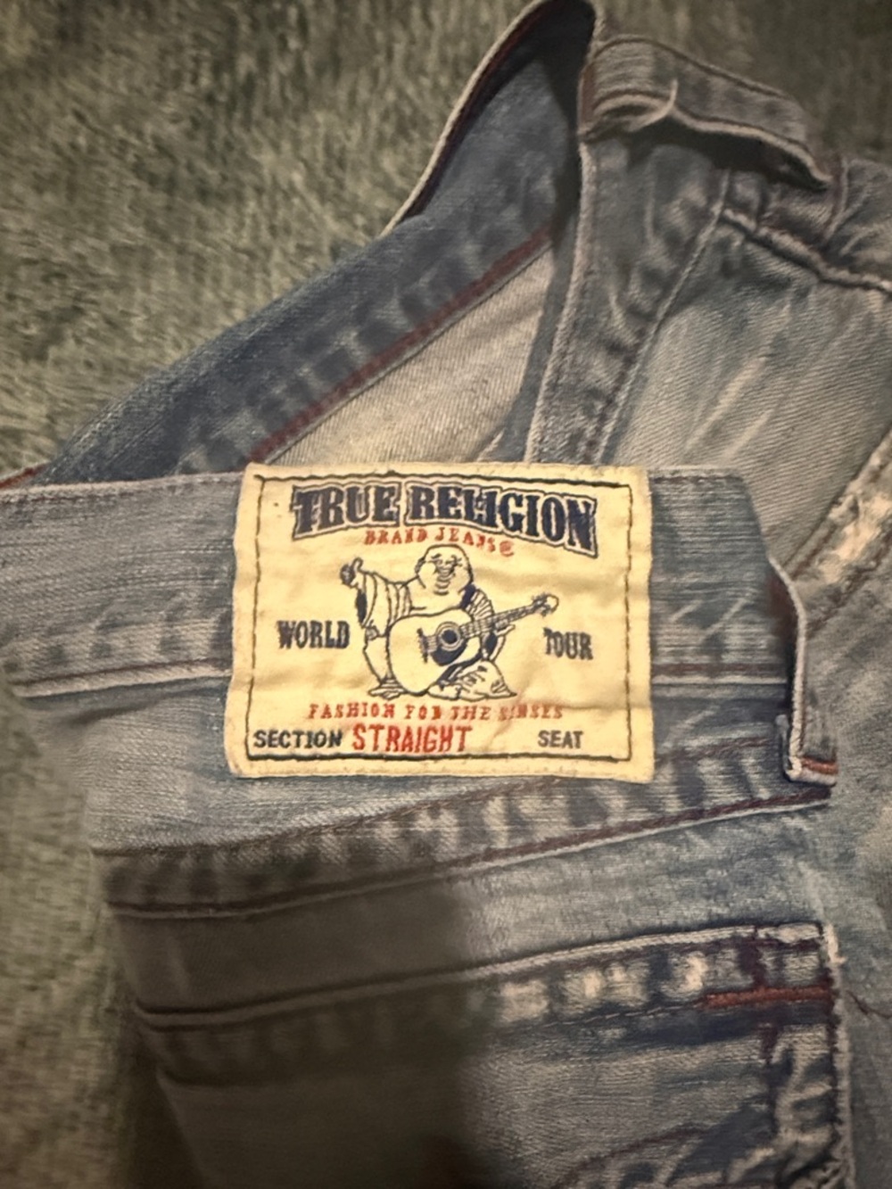 True Religion “World Tour” Men's Straight Jeans Light Blue Wash Red/Brown Stitch - Picture 3 of 8